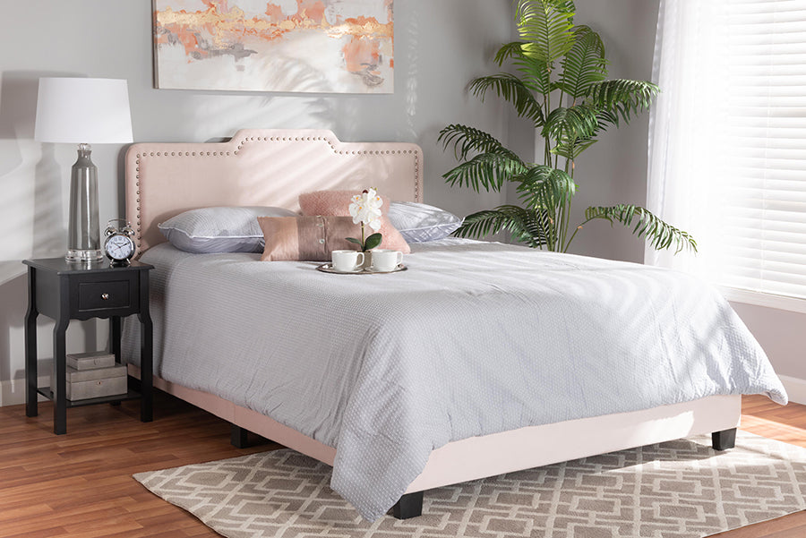 Baxton Studio Benjen Modern and Contemporary Glam Light Pink Velvet Fabric Upholstered Queen Size Panel Bed