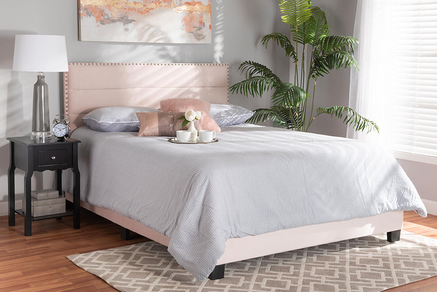 Baxton Studio Tamira Modern and Contemporary Glam Light Pink Velvet Fabric Upholstered Full Size Panel Bed