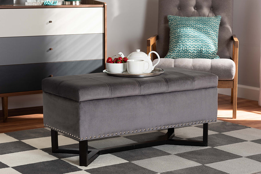 Baxton Studio Esther Modern and Contemporary Grey Velvet Fabric Upholstered and Dark Brown Finished Wood Storage Ottoman