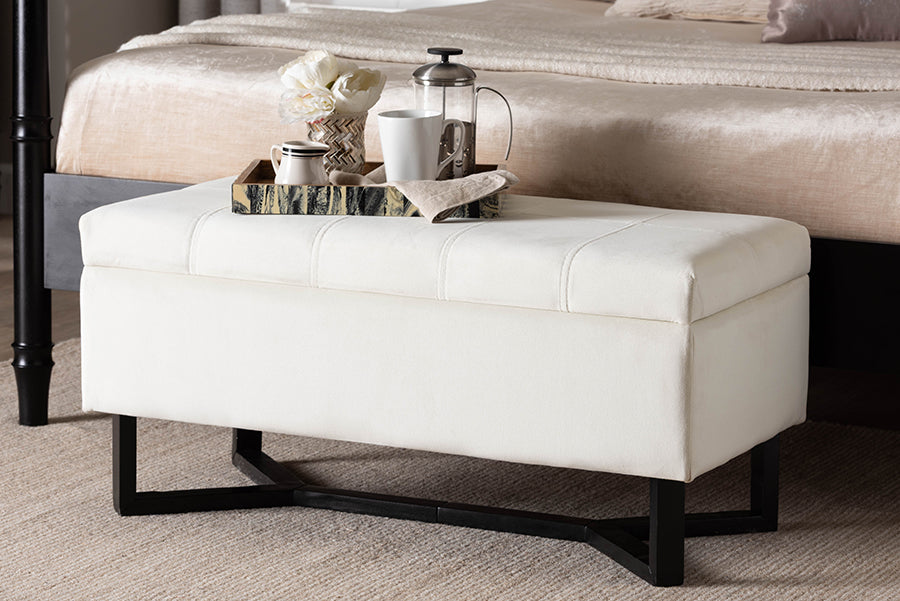 Baxton Studio Esther Modern and Contemporary Beige Velvet Fabric Upholstered and Dark Brown Finished Wood Storage Ottoman