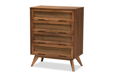 Baxton Studio Barrett Mid-Century Modern Walnut Brown Finished Wood and Synthetic Rattan 4-Drawer Chest