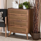 Baxton Studio Barrett Mid-Century Modern Walnut Brown Finished Wood and Synthetic Rattan 4-Drawer Chest