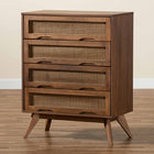 Baxton Studio Barrett Mid-Century Modern Walnut Brown Finished Wood and Synthetic Rattan 4-Drawer Chest