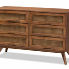 Baxton Studio Barrett Mid-Century Modern Walnut Brown Finished Wood and Synthetic Rattan 6-Drawer Dresser