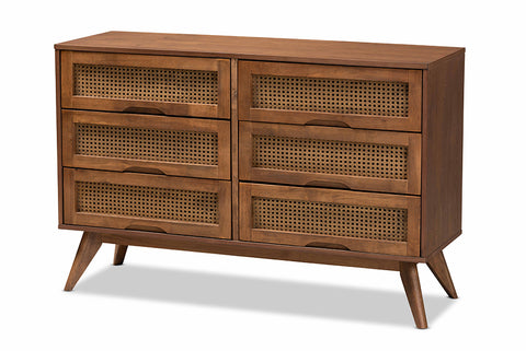 Baxton Studio Barrett Mid-Century Modern Walnut Brown Finished Wood and Synthetic Rattan 6-Drawer Dresser