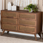 Baxton Studio Barrett Mid-Century Modern Walnut Brown Finished Wood and Synthetic Rattan 6-Drawer Dresser