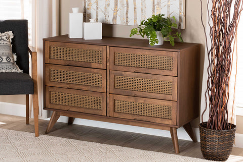 Baxton Studio Barrett Mid-Century Modern Walnut Brown Finished Wood and Synthetic Rattan 6-Drawer Dresser
