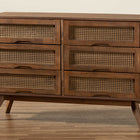 Baxton Studio Barrett Mid-Century Modern Walnut Brown Finished Wood and Synthetic Rattan 6-Drawer Dresser