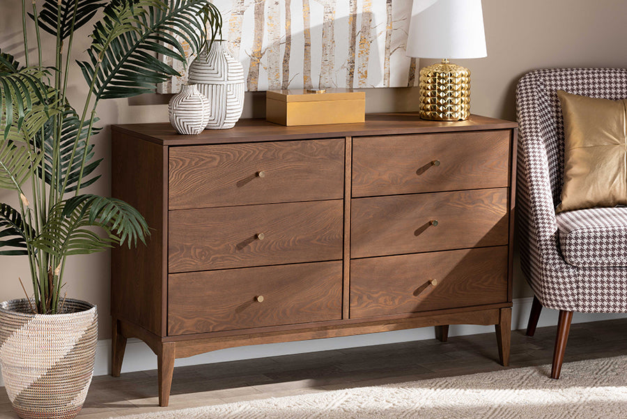 Baxton Studio Landis Mid-Century Modern Ash Walnut Finished Wood 6-Drawer Dresser