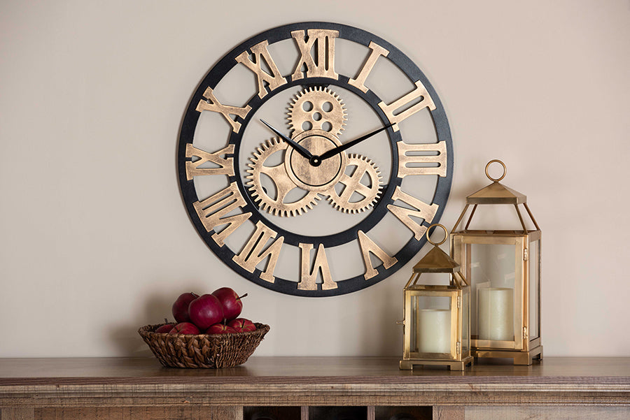 Baxton Studio Randolph Industrial Vintage Style Black and Distressed Brown Finished Wood Wall Clock 