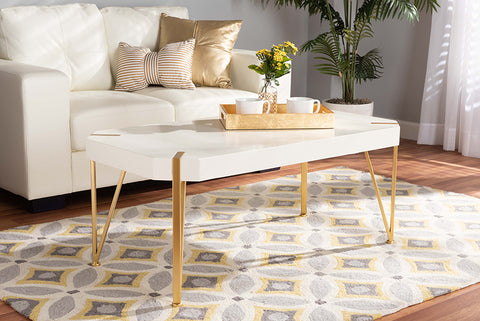 Baxton Studio Kassa Contemporary Glam and Luxe Brushed Gold Metal and White Finished Wood Coffee Table