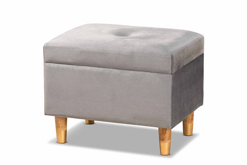Baxton Studio Elias Modern and Contemporary Grey Velvet Fabric Upholstered and Oak Brown Finished Wood Storage Ottoman