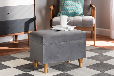 Baxton Studio Elias Modern and Contemporary Grey Velvet Fabric Upholstered and Oak Brown Finished Wood Storage Ottoman