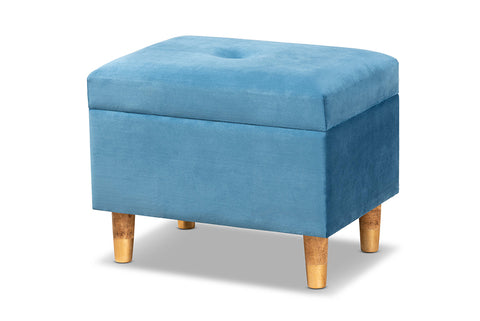 Baxton Studio Elias Modern and Contemporary Sky Blue Velvet Fabric Upholstered and Oak Brown Finished Wood Storage Ottoman