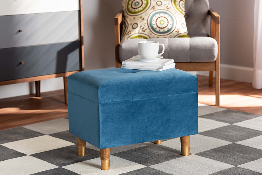 Baxton Studio Elias Modern and Contemporary Sky Blue Velvet Fabric Upholstered and Oak Brown Finished Wood Storage Ottoman