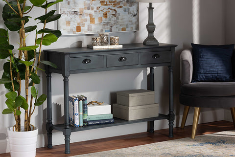 Baxton Studio Garvey French Provincial Dark Blue Gray Wood 3-Drawer Entryway Console Table