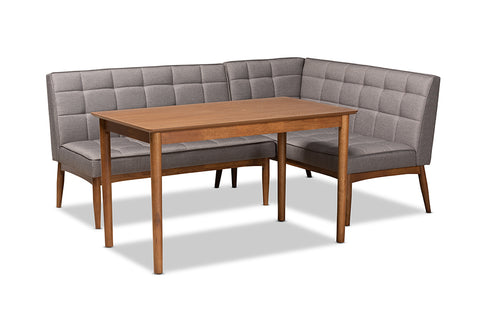 Baxton Studio Sanford Mid-Century Modern Grey Fabric Upholstered and Walnut Brown Finished Wood 3-Piece Dining Nook Set