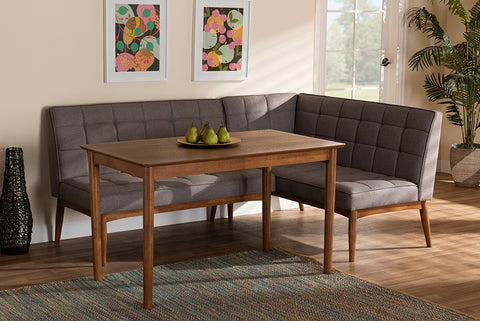 Baxton Studio Sanford Mid-Century Modern Grey Fabric Upholstered and Walnut Brown Finished Wood 3-Piece Dining Nook Set