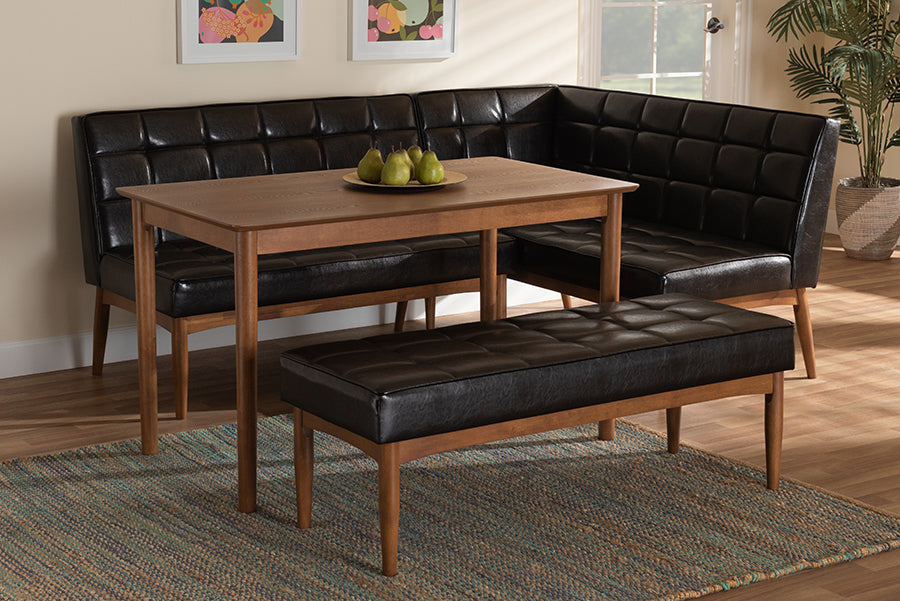 Baxton Studio Sanford Mid-Century Modern Dark Brown Faux Leather Upholstered and Walnut Brown Finished Wood 4-Piece Dining Nook Set