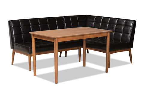 Baxton Studio Sanford Mid-Century Modern Dark Brown Faux Leather Upholstered and Walnut Brown Finished Wood 3-Piece Dining Nook Set