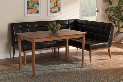 Baxton Studio Sanford Mid-Century Modern Dark Brown Faux Leather Upholstered and Walnut Brown Finished Wood 3-Piece Dining Nook Set