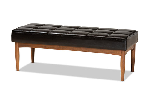 Baxton Studio Sanford Mid-Century Modern Dark Brown Faux Leather Upholstered and Walnut Brown Finished Wood Dining Bench