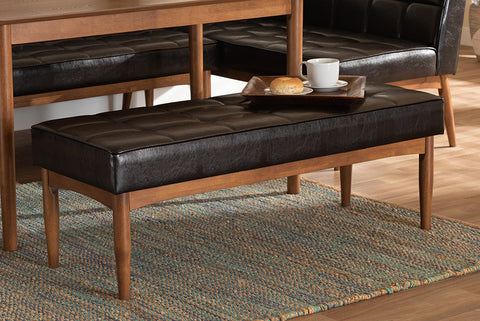 Baxton Studio Sanford Mid-Century Modern Dark Brown Faux Leather Upholstered and Walnut Brown Finished Wood Dining Bench