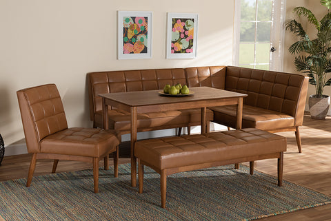 Baxton Studio Sanford Mid-Century Modern Tan Faux Leather Upholstered and Walnut Brown Finished Wood 5-Piece Dining Nook Set