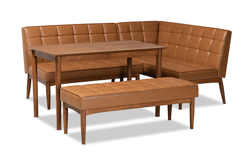 Baxton Studio Sanford Mid-Century Modern Tan Faux Leather Upholstered and Walnut Brown Finished Wood 4-Piece Dining Nook Set