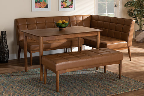 Baxton Studio Sanford Mid-Century Modern Tan Faux Leather Upholstered and Walnut Brown Finished Wood 4-Piece Dining Nook Set