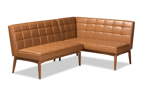 Baxton Studio Sanford Mid-Century Modern Tan Faux Leather Upholstered and Walnut Brown Finished Wood 2-Piece Dining Nook Banquette Set