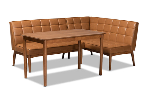 Baxton Studio Sanford Mid-Century Modern Tan Faux Leather Upholstered and Walnut Brown Finished Wood 3-Piece Dining Nook Set
