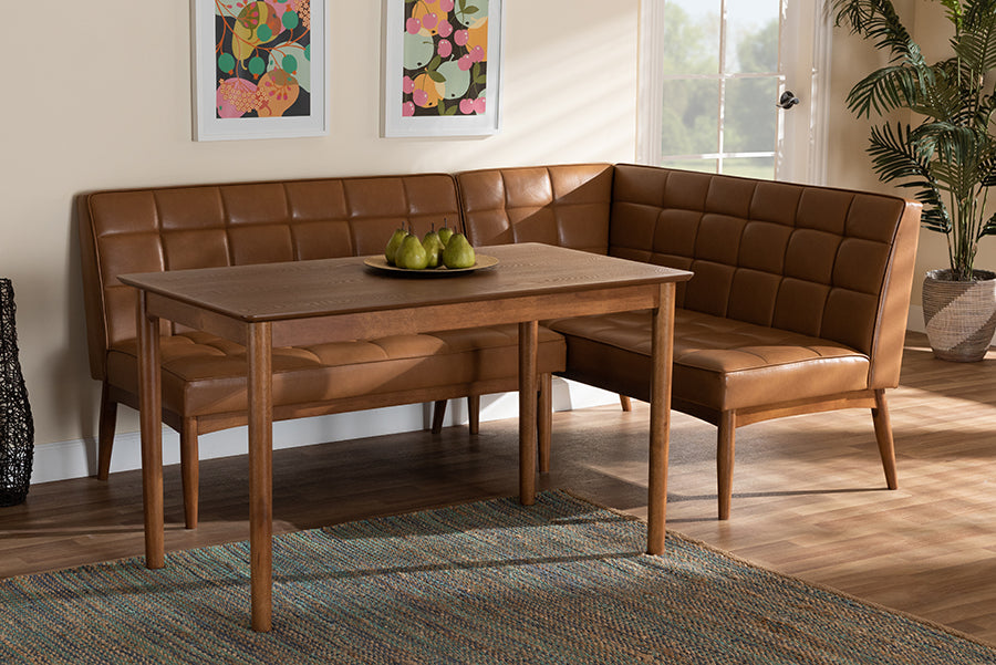 Baxton Studio Sanford Mid-Century Modern Tan Faux Leather Upholstered and Walnut Brown Finished Wood 3-Piece Dining Nook Set