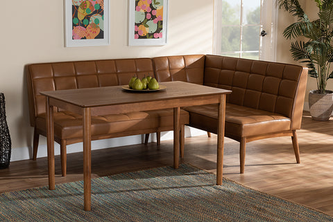 Baxton Studio Sanford Mid-Century Modern Tan Faux Leather Upholstered and Walnut Brown Finished Wood 3-Piece Dining Nook Set