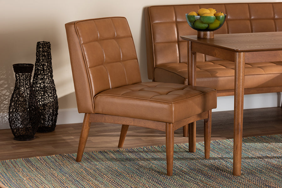 Baxton Studio Sanford Mid-Century Modern Tan Faux Leather Upholstered and Walnut Brown Finished Wood Dining Chair
