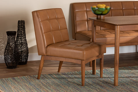 Baxton Studio Sanford Mid-Century Modern Tan Faux Leather Upholstered and Walnut Brown Finished Wood Dining Chair