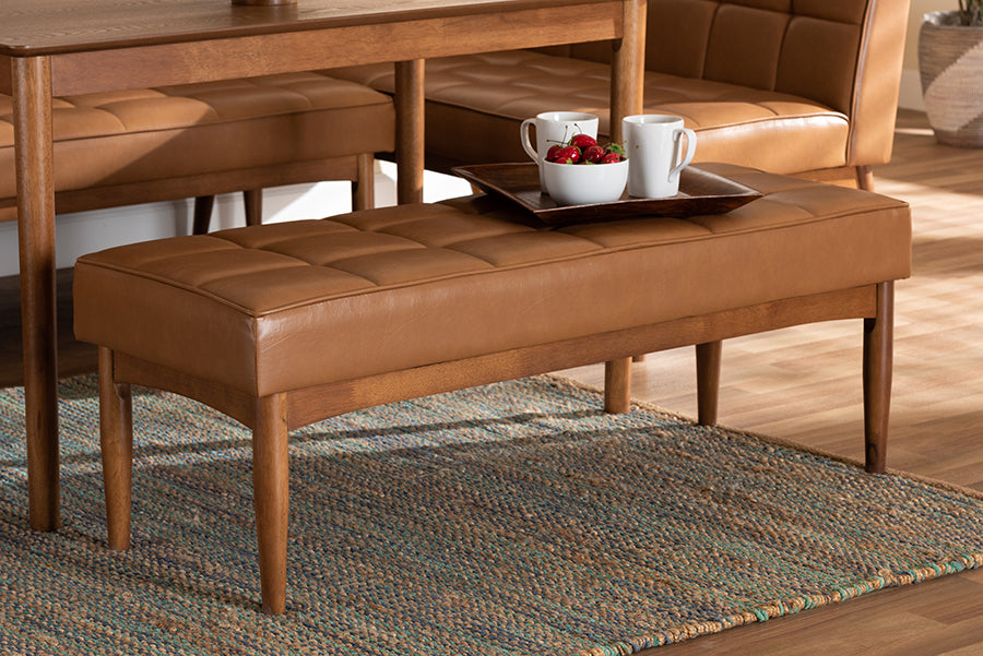 Baxton Studio Sanford Mid-Century Modern Tan Faux Leather Upholstered and Walnut Brown Finished Wood Dining Bench
