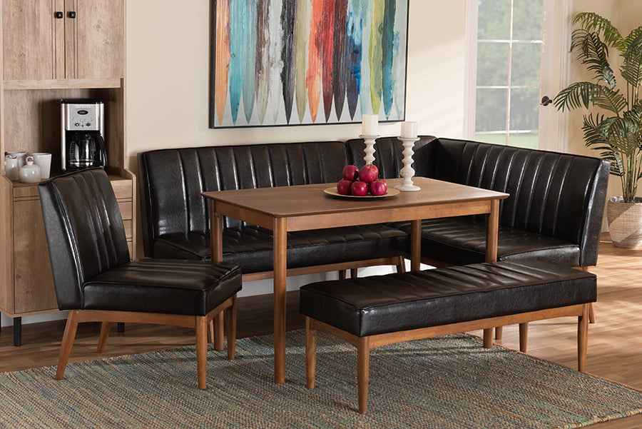 Baxton Studio Daymond Mid-Century Modern Dark Brown Faux Leather Upholstered and Walnut Brown Finished Wood 5-Piece Dining Nook Set