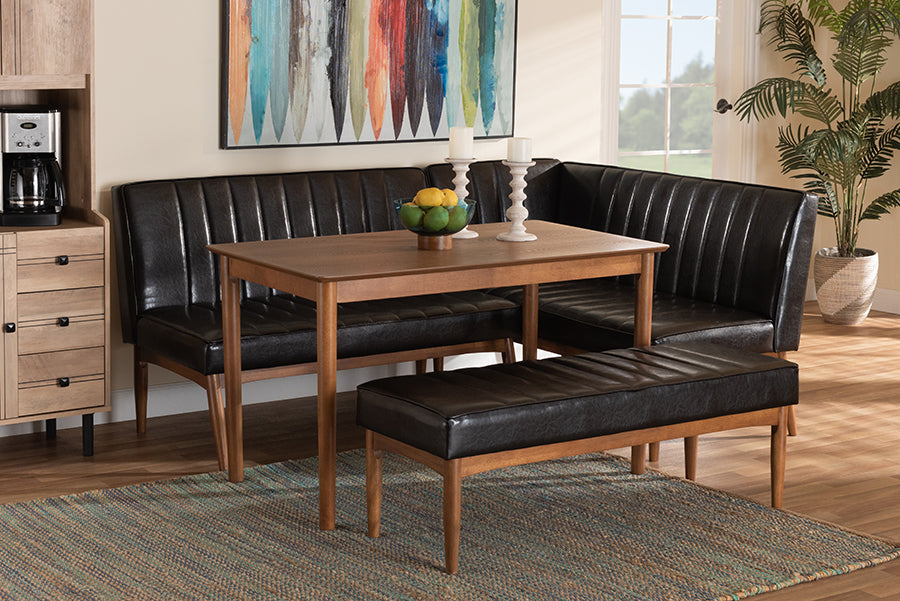 Baxton Studio Daymond Mid-Century Modern Dark Brown Faux Leather Upholstered and Walnut Brown Finished Wood 4-Piece Dining Nook Set