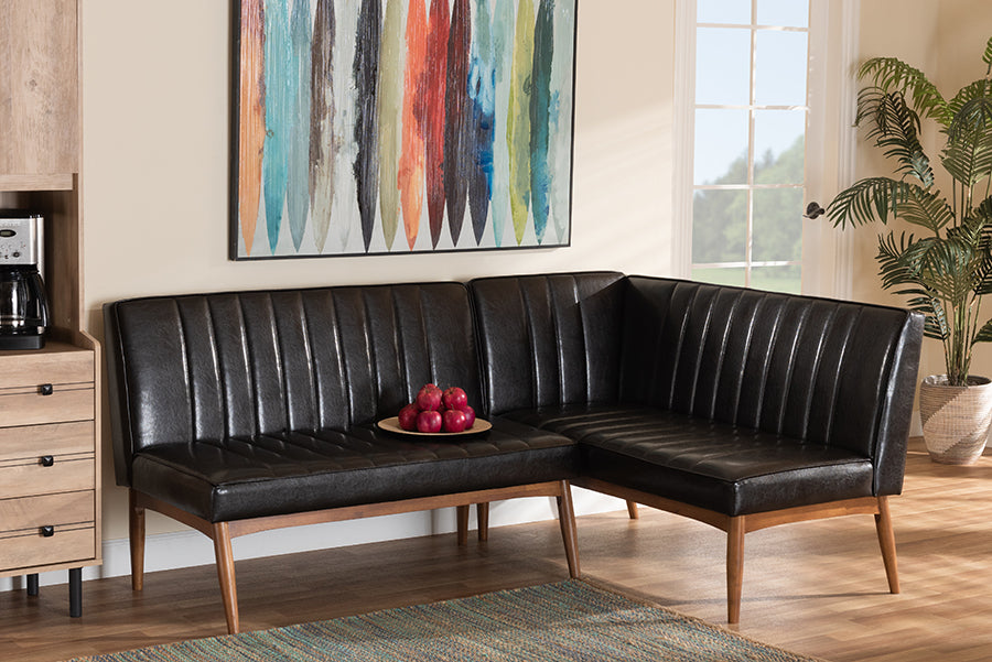 Baxton Studio Daymond Mid-Century Modern Dark Brown Faux Leather Upholstered and Walnut Brown Finished Wood 2-Piece Dining Nook Banquette Set