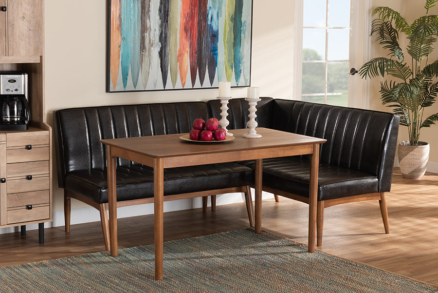 Baxton Studio Daymond Mid-Century Modern Dark Brown Faux Leather Upholstered and Walnut Brown Finished Wood 3-Piece Dining Nook Set