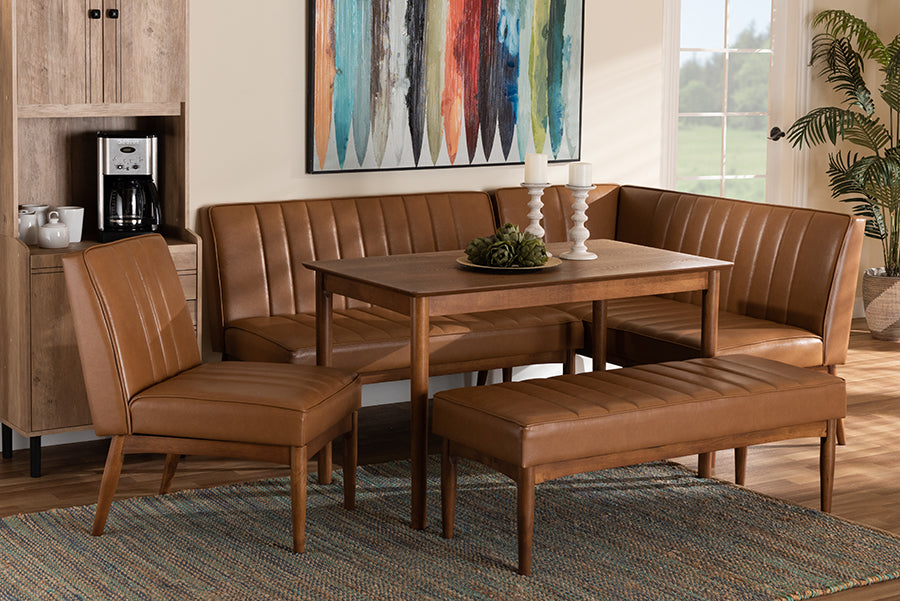 Baxton Studio Daymond Mid-Century Modern Tan Faux Leather Upholstered and Walnut Brown Finished Wood 5-Piece Dining Nook Set