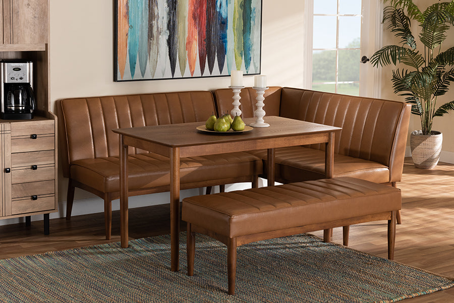 Baxton Studio Daymond Mid-Century Modern Tan Faux Leather Upholstered and Walnut Brown Finished Wood 4-Piece Dining Nook Set