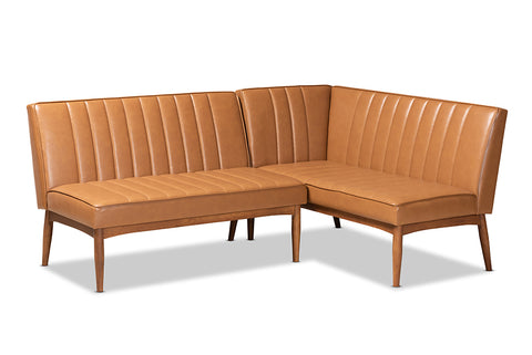 Baxton Studio Daymond Mid-Century Modern Tan Faux Leather Upholstered and Walnut Brown Finished Wood 2-Piece Dining Nook Banquette Set