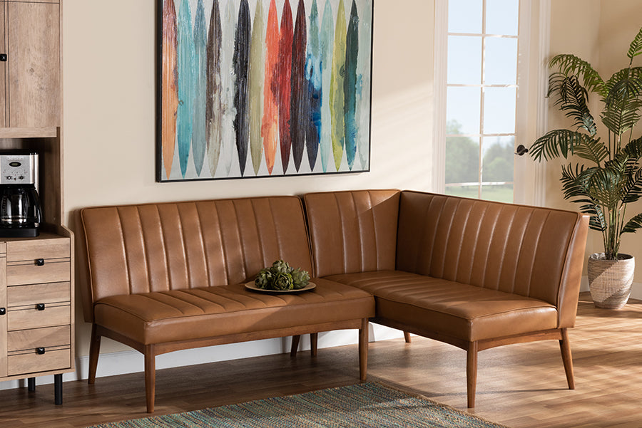 Baxton Studio Daymond Mid-Century Modern Tan Faux Leather Upholstered and Walnut Brown Finished Wood 2-Piece Dining Nook Banquette Set