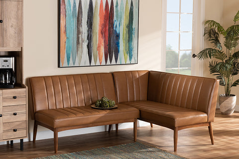 Baxton Studio Daymond Mid-Century Modern Tan Faux Leather Upholstered and Walnut Brown Finished Wood 2-Piece Dining Nook Banquette Set