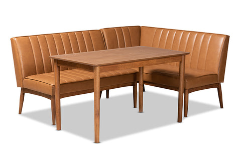 Baxton Studio Daymond Mid-Century Modern Tan Faux Leather Upholstered and Walnut Brown Finished Wood 3-Piece Dining Nook Set