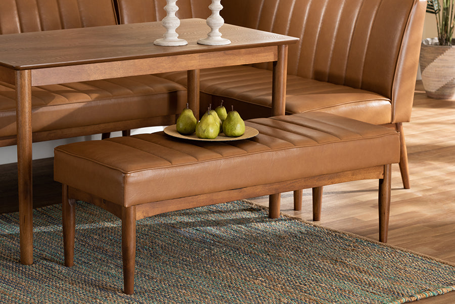 Baxton Studio Daymond Mid-Century Modern Tan Faux Leather Upholstered and Walnut Brown Finished Wood Dining Bench