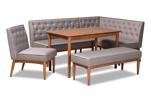 Baxton Studio Riordan Mid-Century Modern Grey Fabric Upholstered and Walnut Brown Finished Wood 5-Piece Dining Nook Set