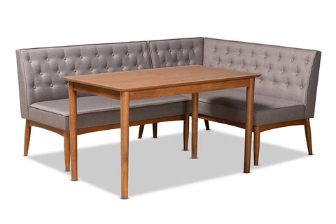 Baxton Studio Riordan Mid-Century Modern Grey Fabric Upholstered and Walnut Brown Finished Wood 3-Piece Dining Nook Set
